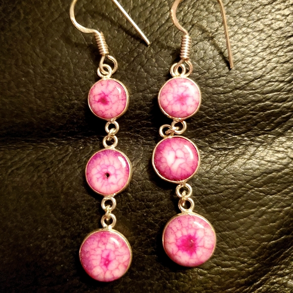 New 3 Pink Solar Quartz Agate Drop Silver Earrings. - Picture 7 of 11